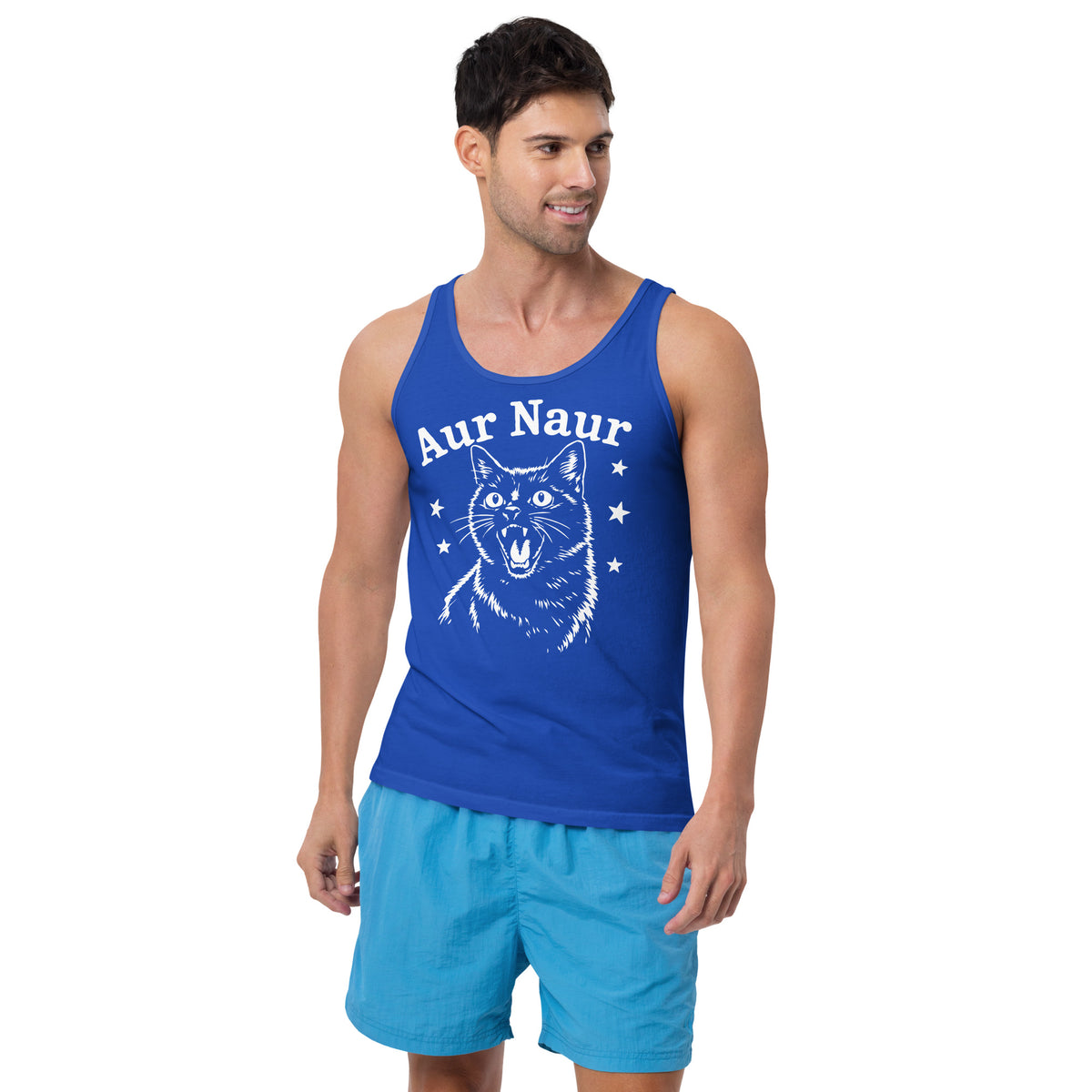 True Royal men's tank top, front view, featuring Aur Naur white cat portrait and music-themed lettering.