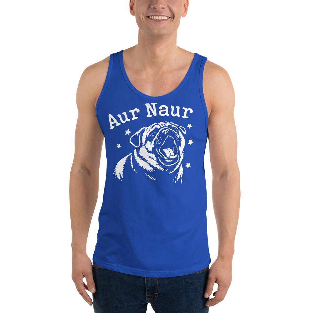 True Royal men's tank top, front view, featuring Aur Naur white pug portrait and star-accented lettering.