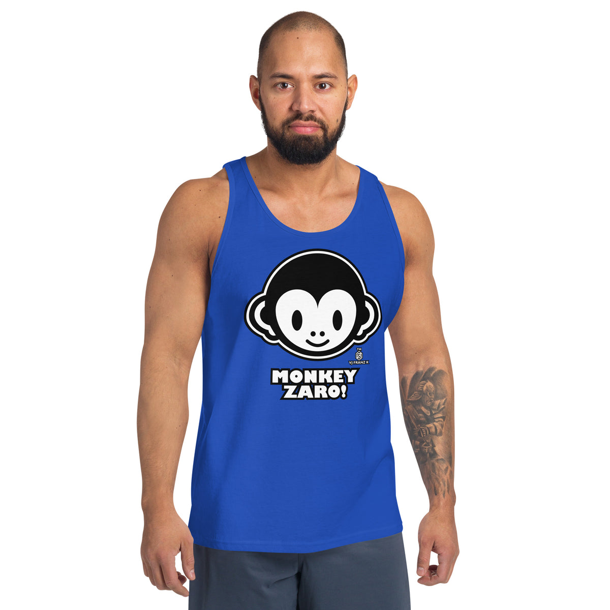True Royal men's tank top, front view, featuring Monkey Zaro! white cartoon monkey face and lettering.