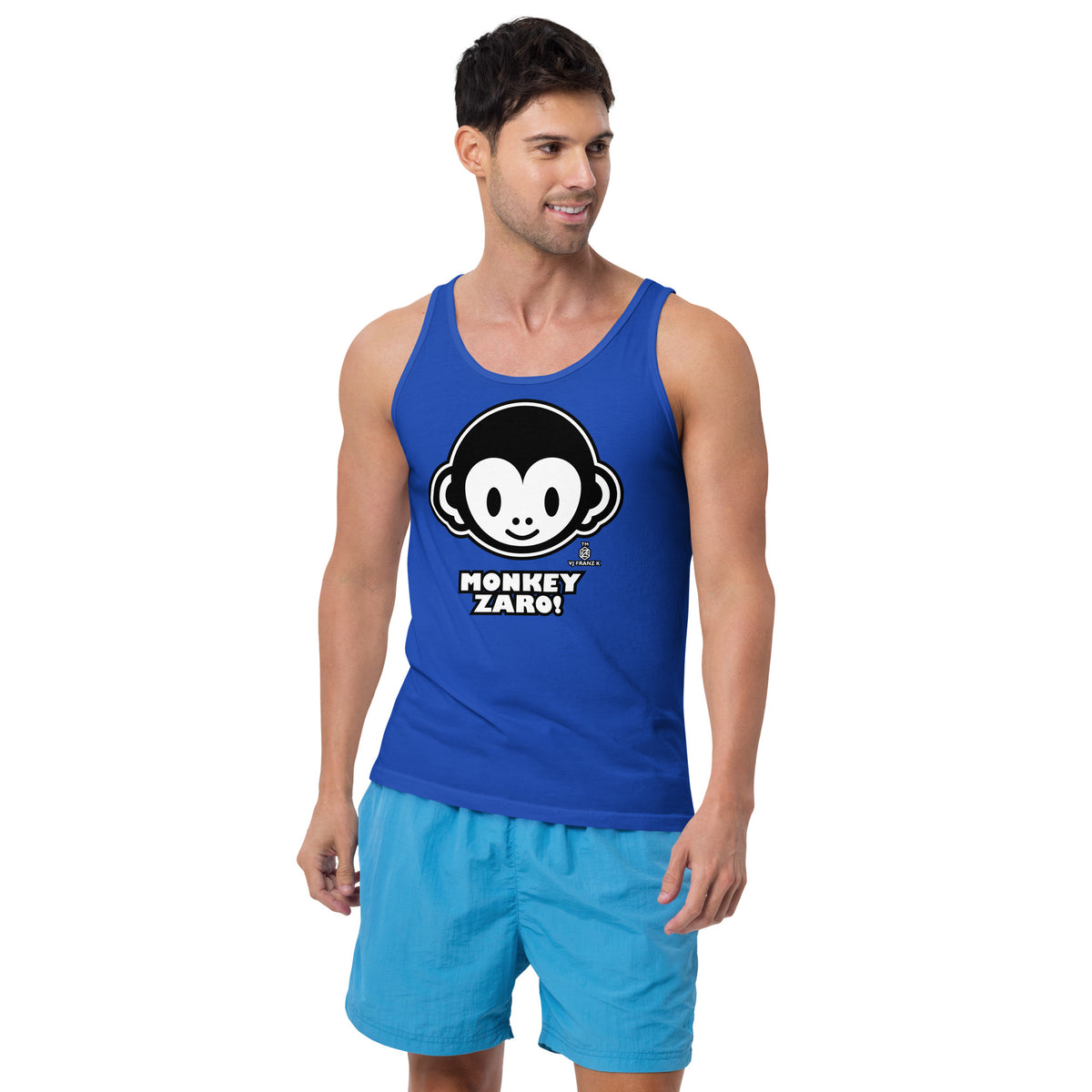 True Royal men's tank top, front view, featuring Monkey Zaro! white cartoon monkey face and lettering.