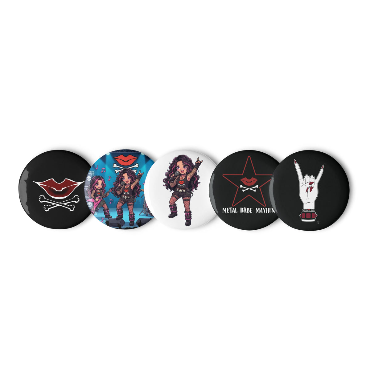 Five Metal Babe Mayhem pin buttons showing lips, anime-style performers, a star logo and a rock-hand gesture.