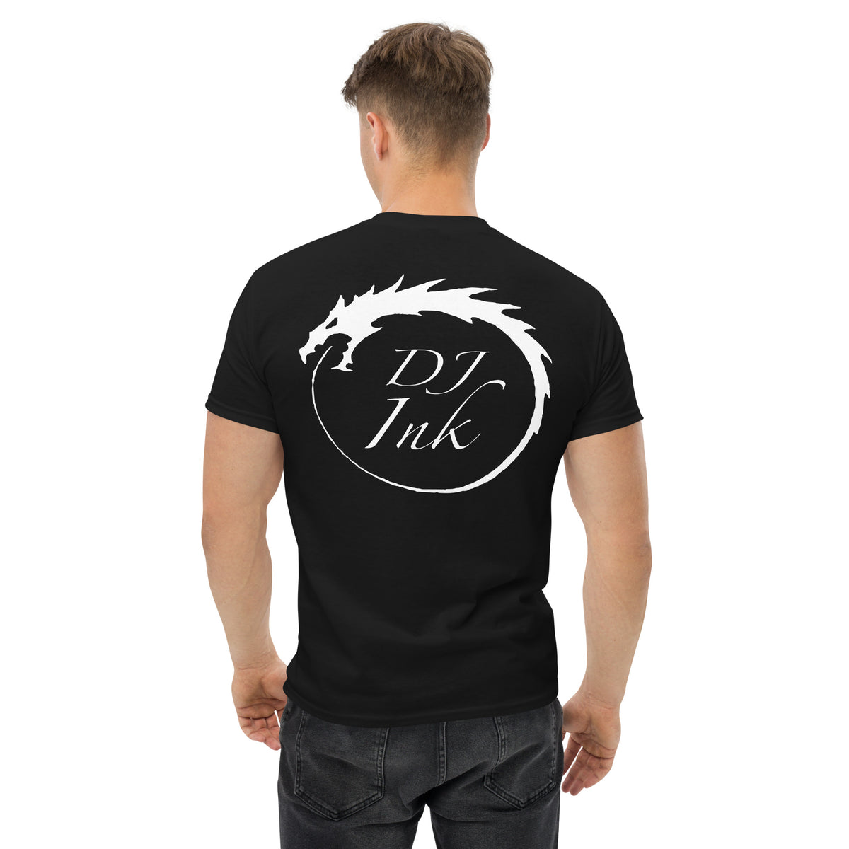 Black classic T-shirt, back view, for the DJ Ink white Ouroboros dragon-circle logo.