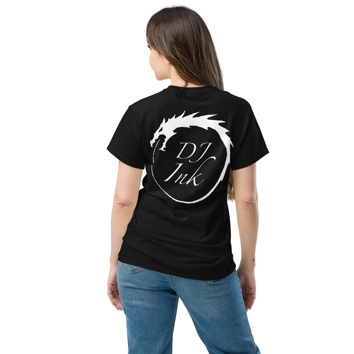 Black classic T-shirt, back view, for the DJ Ink white Ouroboros dragon-circle logo.