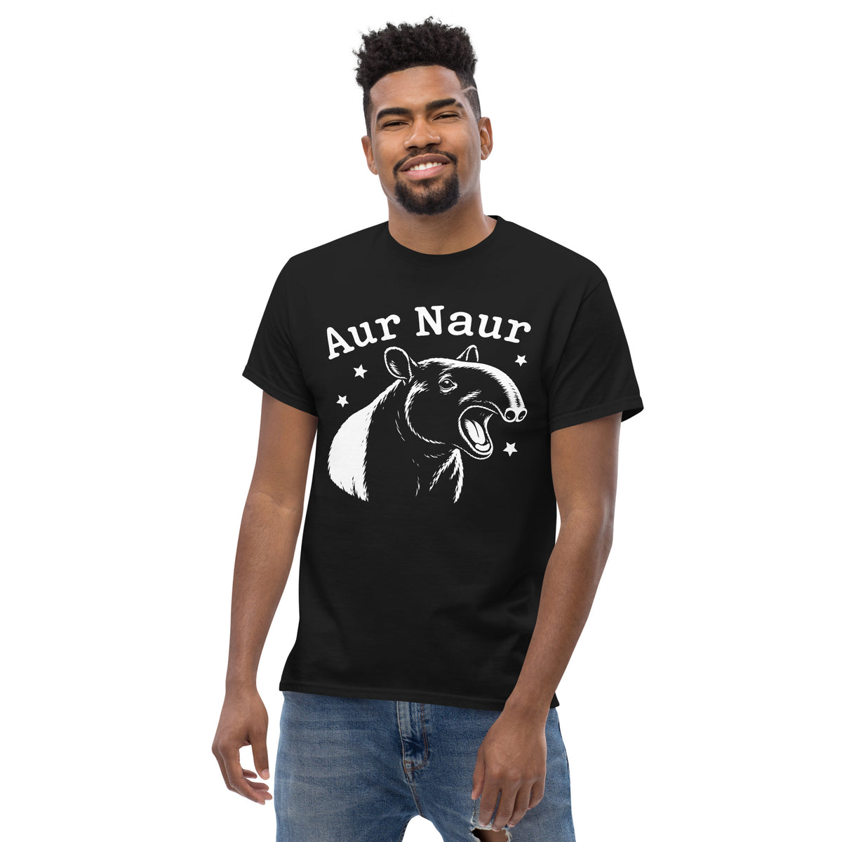 Black classic T-shirt, alternate front view, featuring Aur Naur white tapir portrait, stars and lettering.