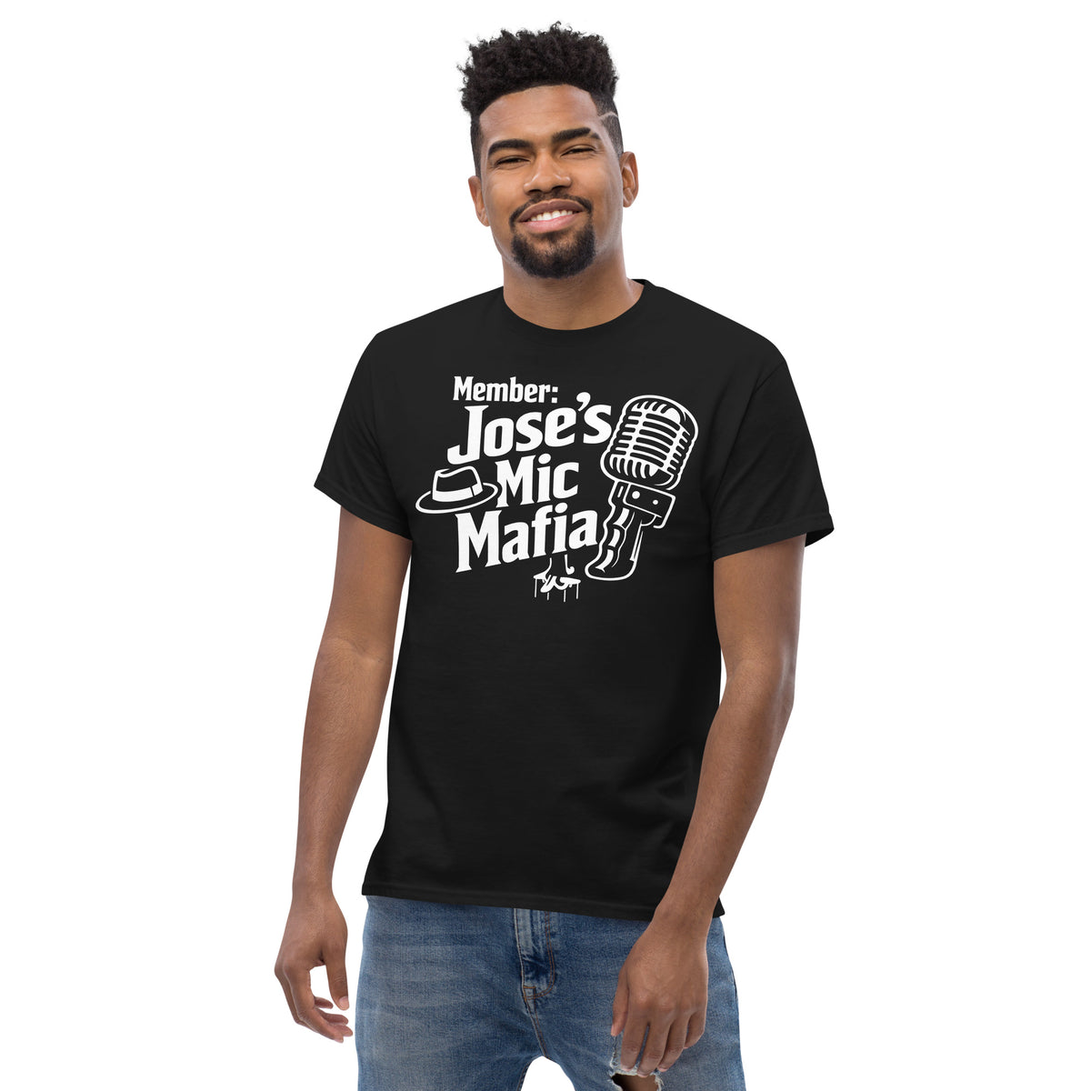 Black classic T-shirt, alternate front view, featuring Jose's Mic Mafia microphone and fedora design.
