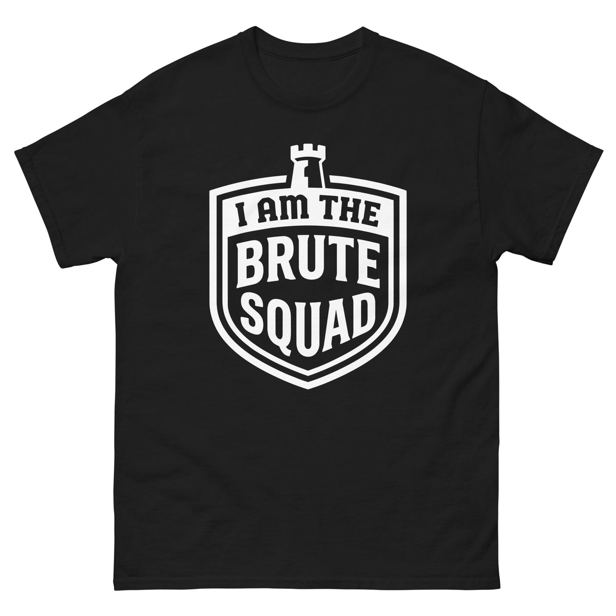 Black classic T-shirt featuring a white Brute Squad shield and castle-tower emblem.