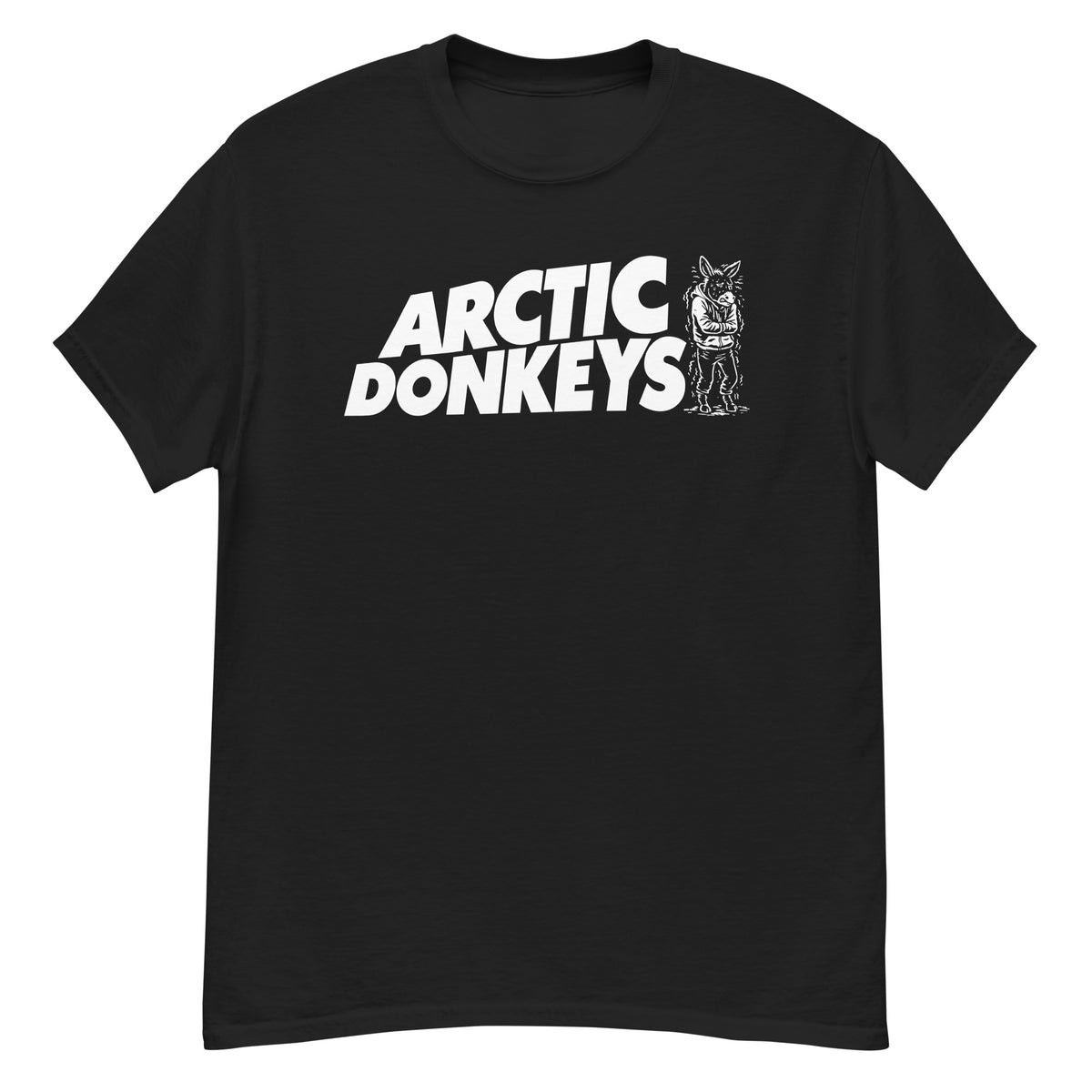 Black classic T-shirt featuring white “Arctic Donkeys” lettering and an outlined donkey.