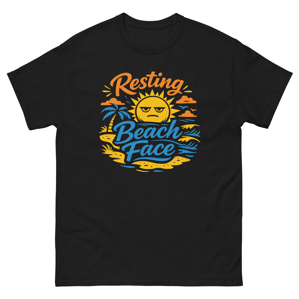 Black classic T-shirt featuring an unimpressed yellow sun, palm trees and orange-and-blue “Resting Beach Face” lettering.