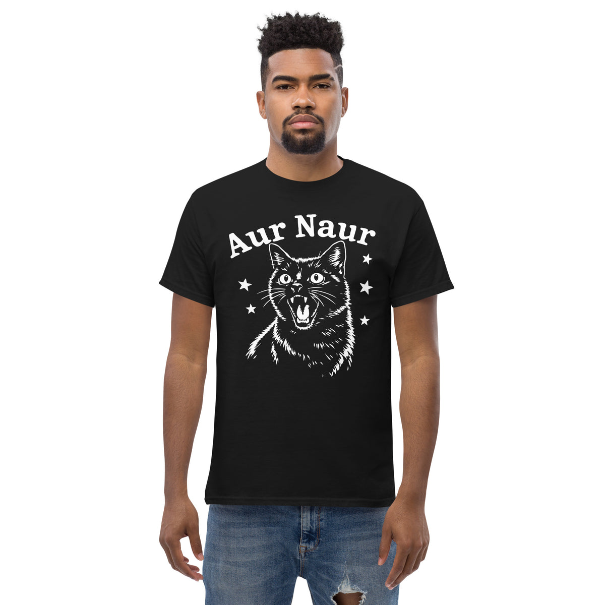 Black classic T-shirt, front view, featuring Aur Naur white cat portrait and music-themed lettering.