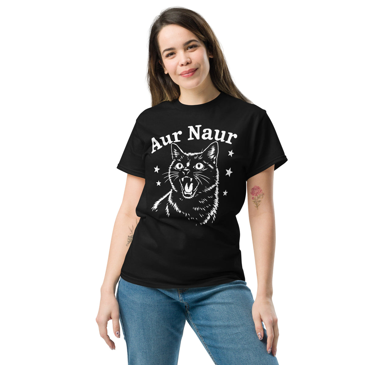 Black classic T-shirt, front view, featuring Aur Naur white cat portrait and music-themed lettering.