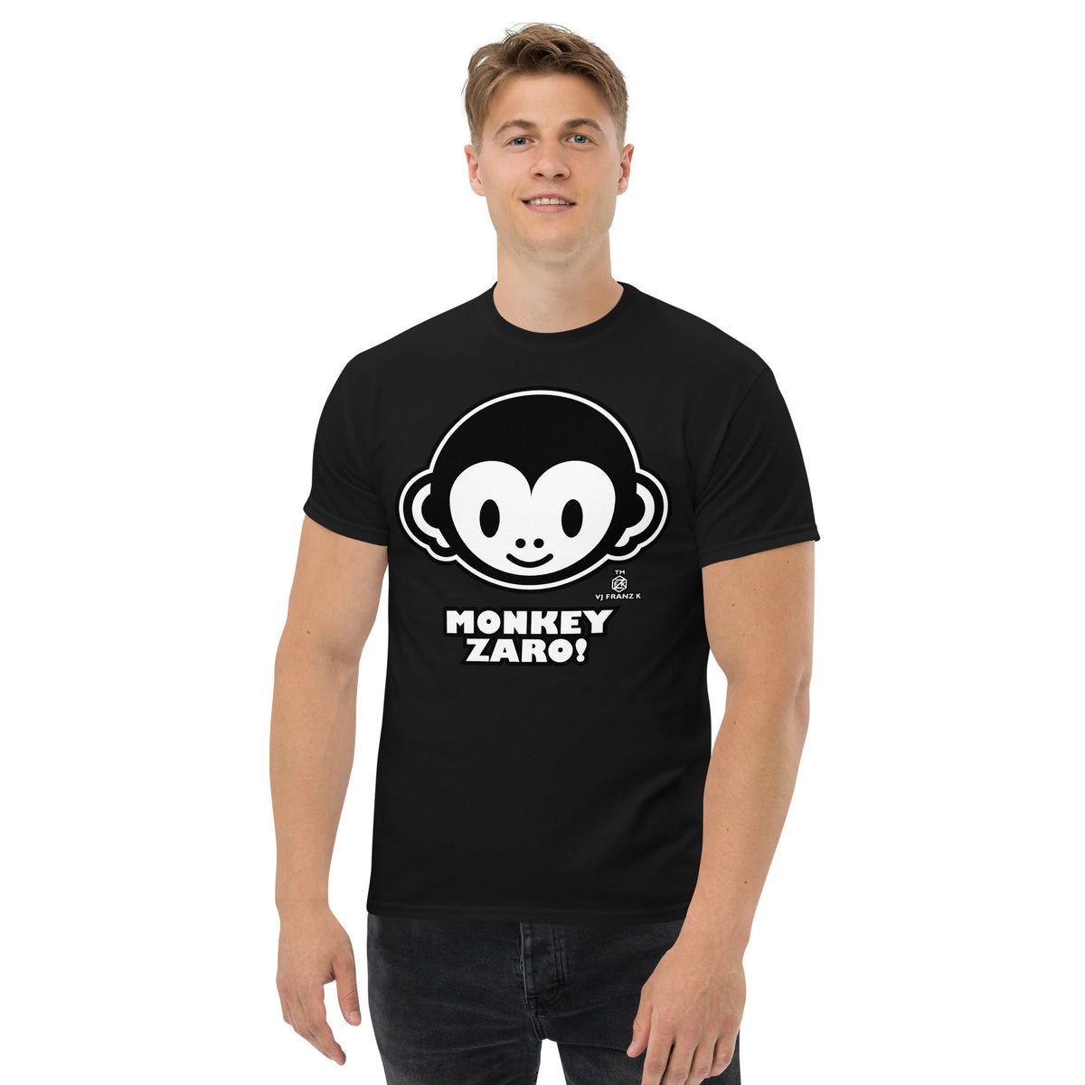 Black classic T-shirt, front view, featuring Monkey Zaro! white cartoon monkey face and lettering.