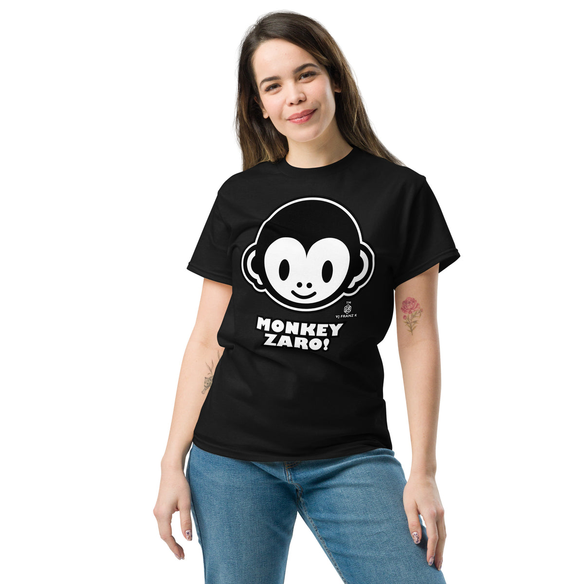 Black classic T-shirt, front view, featuring Monkey Zaro! white cartoon monkey face and lettering.