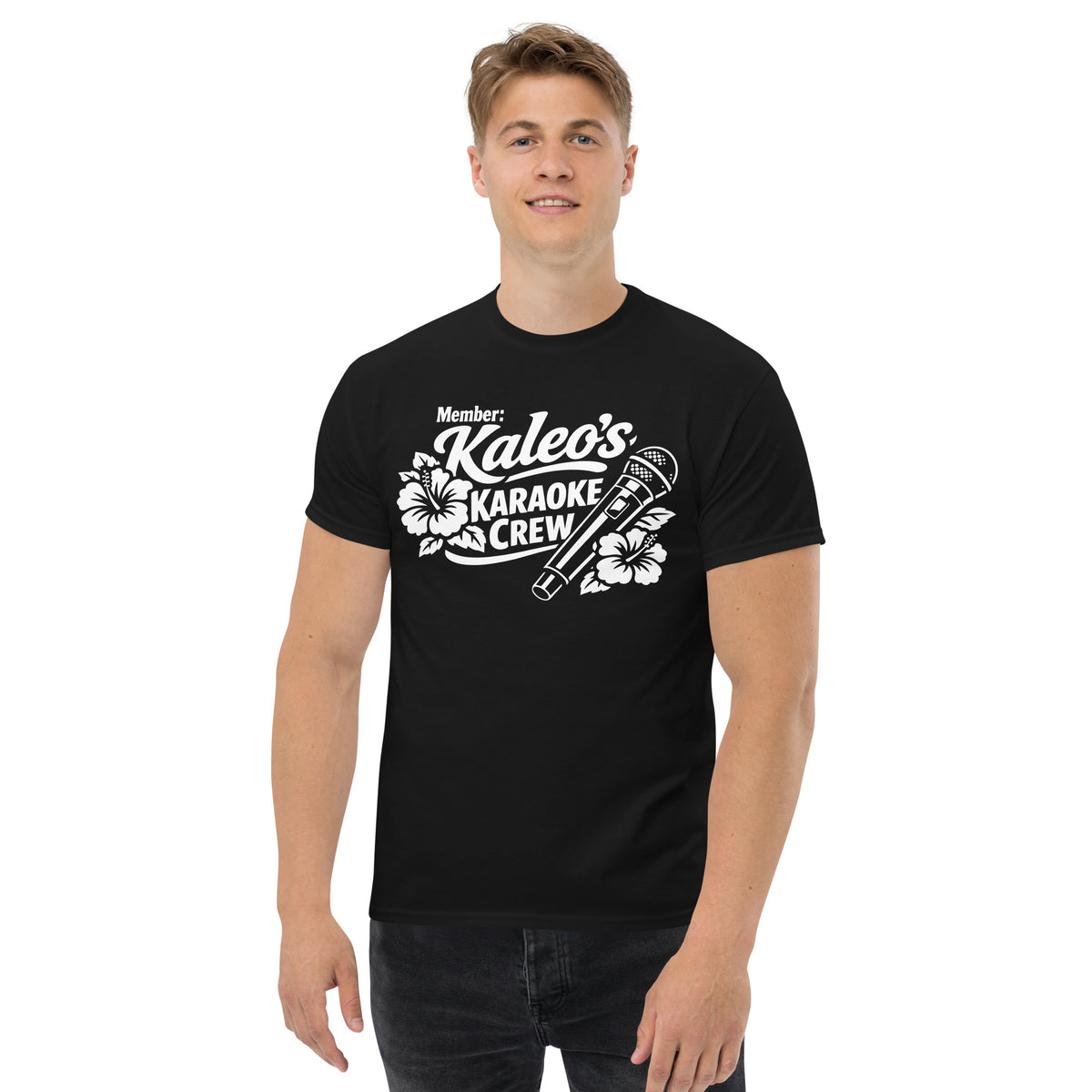Black classic T-shirt, front view, featuring Kaleo's Karaoke Crew lettering, microphone, and hibiscus flowers.