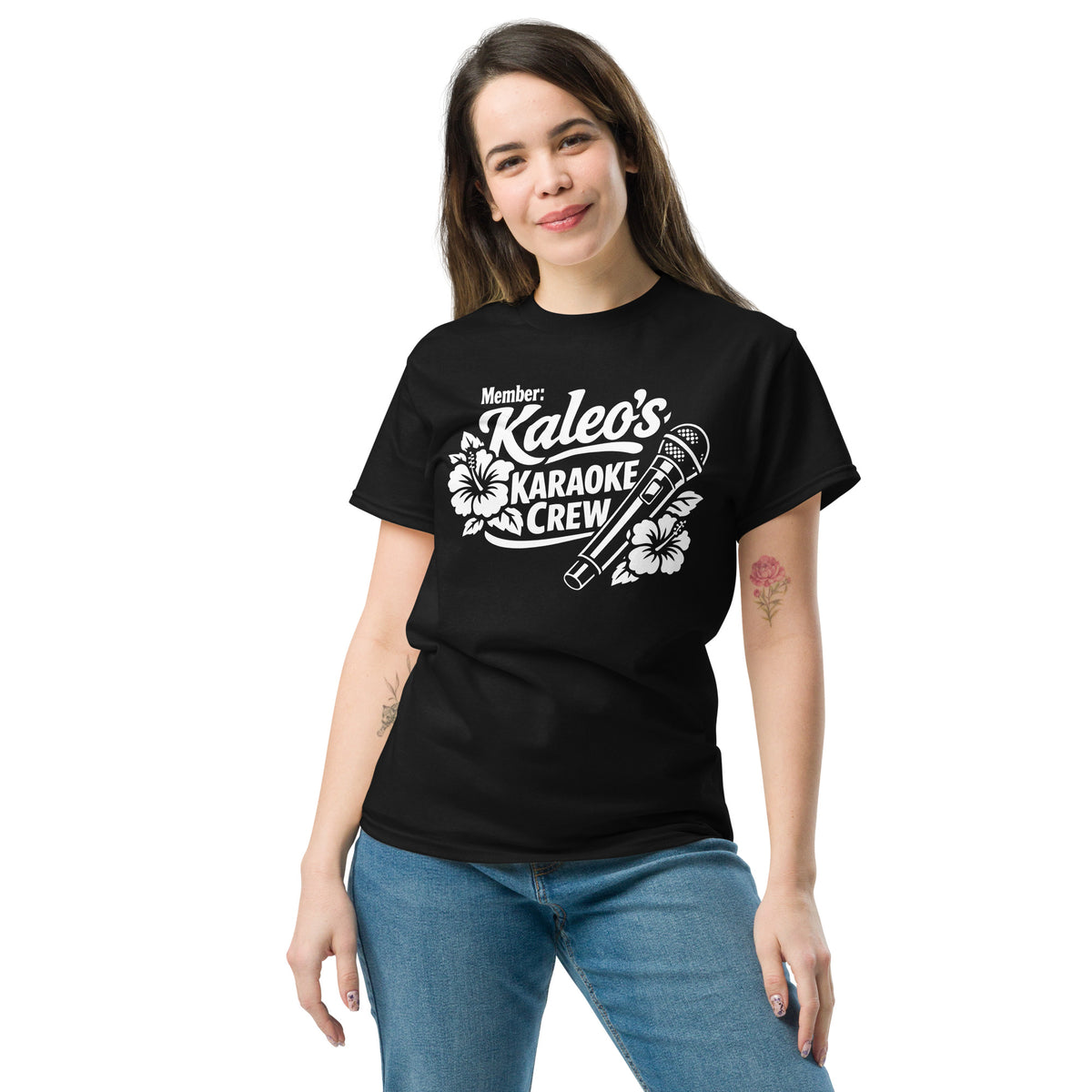 Black classic T-shirt, front view, featuring Kaleo's Karaoke Crew lettering, microphone, and hibiscus flowers.