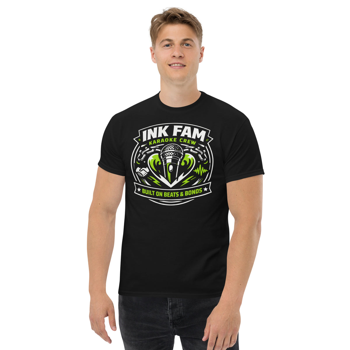 Black classic T-shirt, front view, featuring DJ Ink Beats & Bonds shield with a microphone and green-and-white lettering.