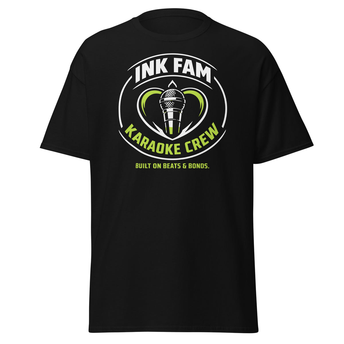 Black classic T-shirt featuring a green-and-white circular Ink Fam Karaoke Crew microphone emblem.