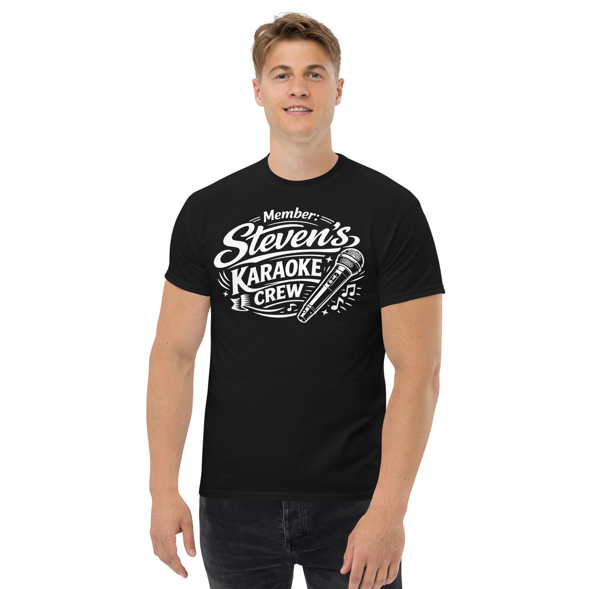 Black classic T-shirt, front view, featuring Steven's Karaoke Crew lettering and microphone graphic.