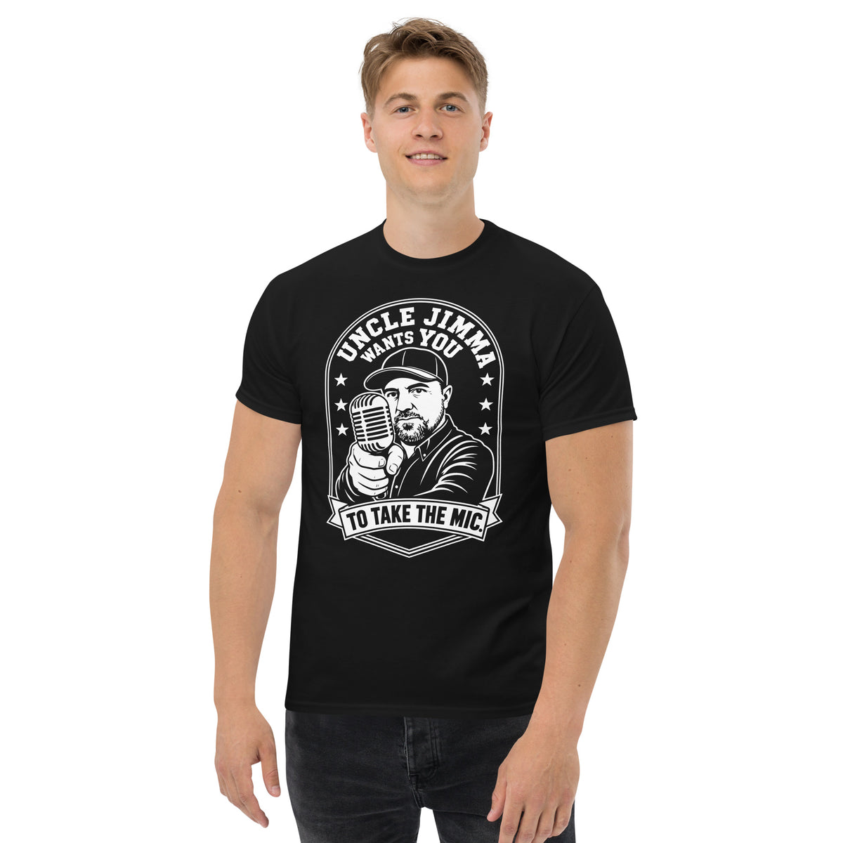 Black classic T-shirt, front view, featuring Uncle Jimma Wants You to Take the Mic pointing portrait and microphone.