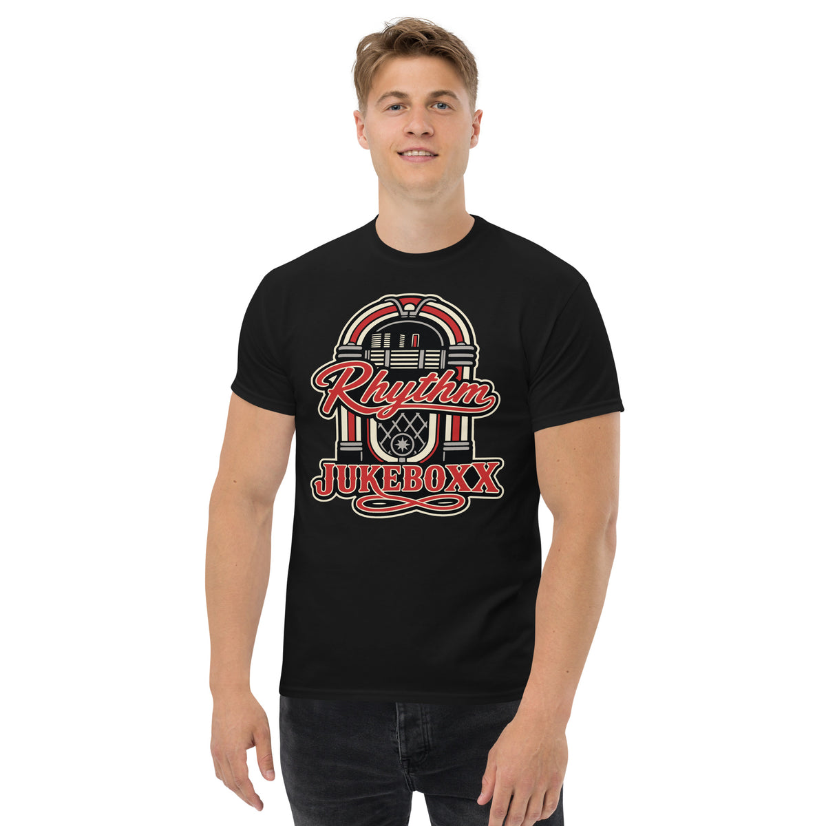Black classic T-shirt, front view, featuring Rhythm Jukeboxx red-and-cream retro jukebox graphic.
