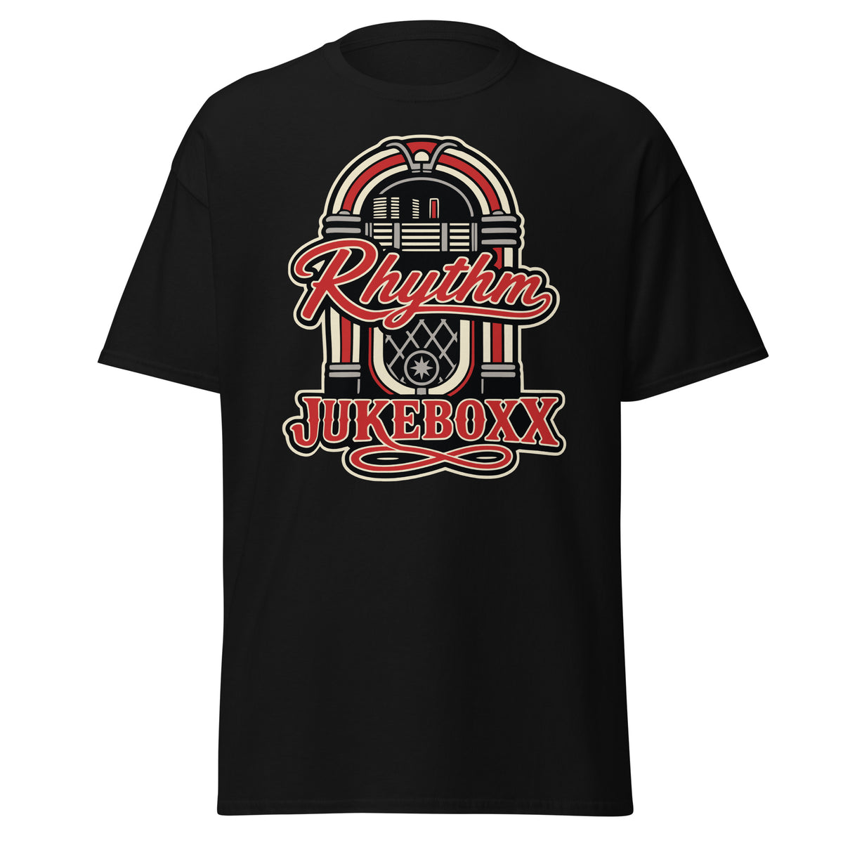 Black classic T-shirt featuring a red-and-cream retro jukebox and “Rhythm Jukeboxx” lettering.