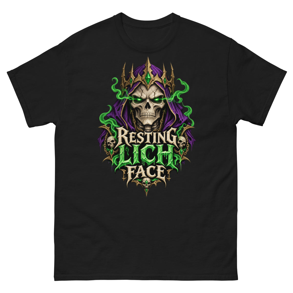 Black classic T-shirt, front view, featuring a crowned skull lich in a purple hood with glowing green eyes and green smoke above dripping green lettering that reads Resting Lich Face