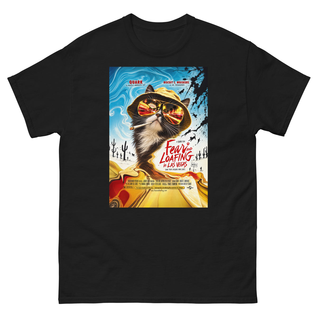 Black classic T-shirt, front view, featuring Fear and Loafing in Las Vegas, a movie poster parody starring a black and white cat in a bucket hat and mirrored aviators reflecting the Las Vegas Strip
