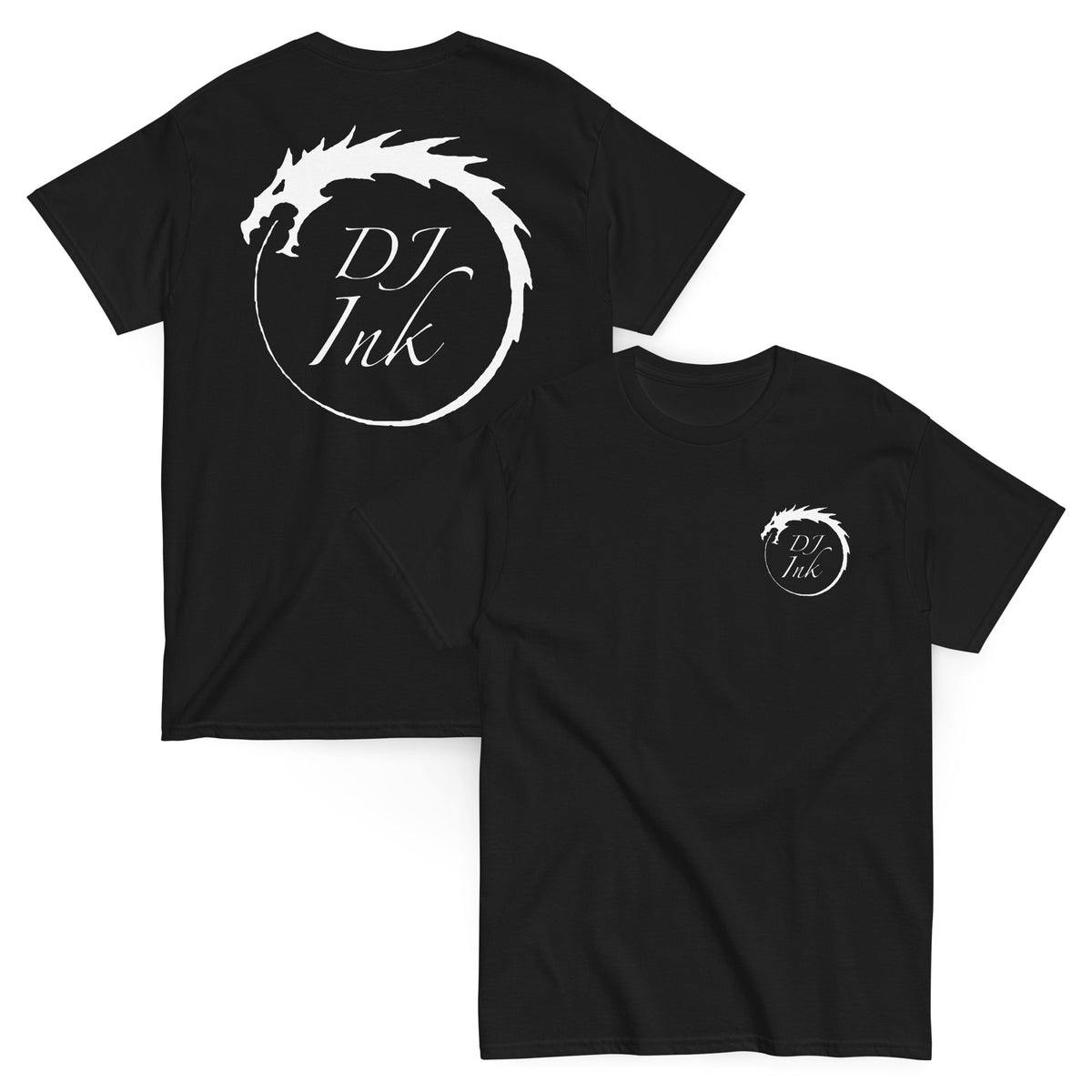 Black T-shirt shown from the front and back featuring a large white DJ Ink dragon-circle back logo and a smaller chest logo.