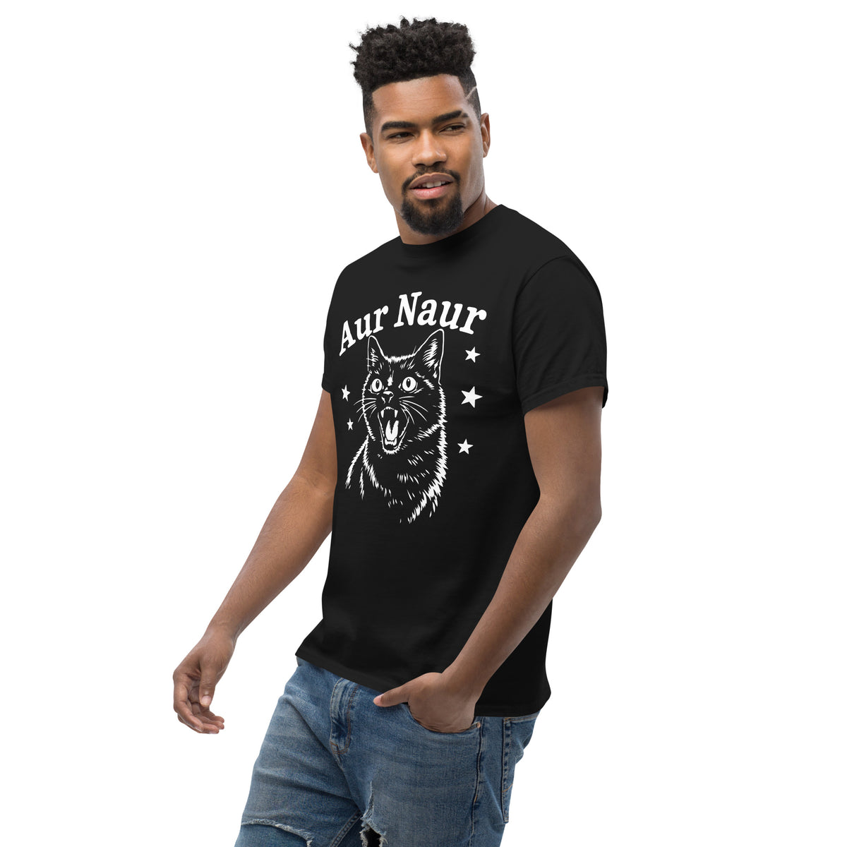 Black classic T-shirt, left-front angled view, featuring Aur Naur white cat portrait and music-themed lettering.