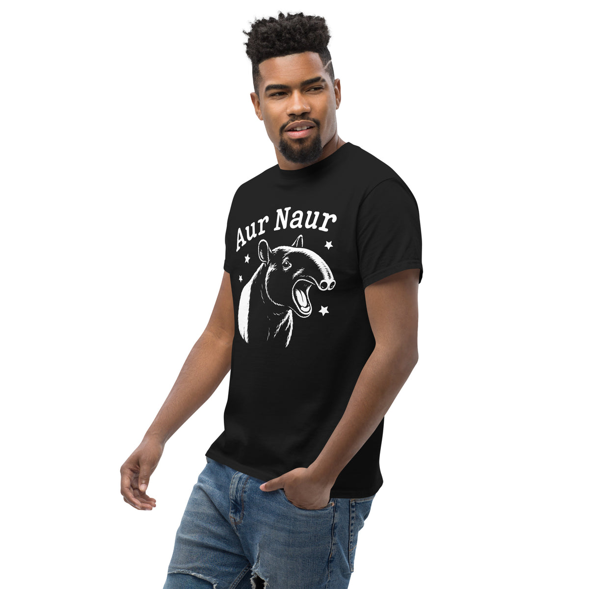 Black classic T-shirt, left-front angled view, featuring Aur Naur white tapir portrait, stars and lettering.