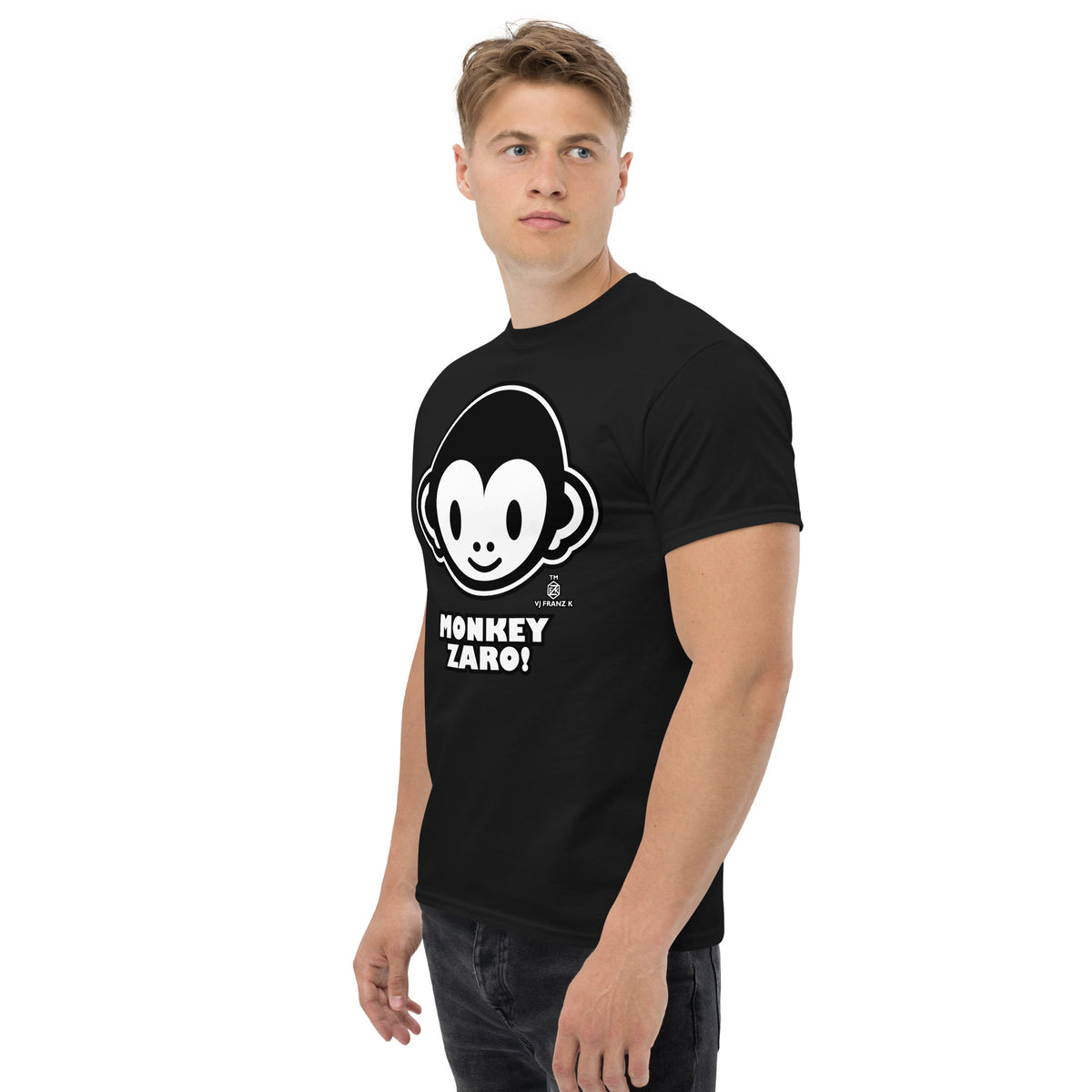 Black classic T-shirt, left-front angled view, featuring Monkey Zaro! white cartoon monkey face and lettering.