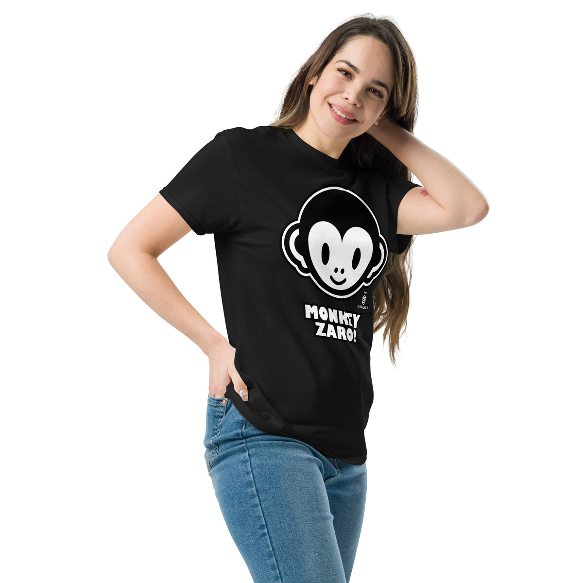 Black classic T-shirt, left-front angled view, featuring Monkey Zaro! white cartoon monkey face and lettering.