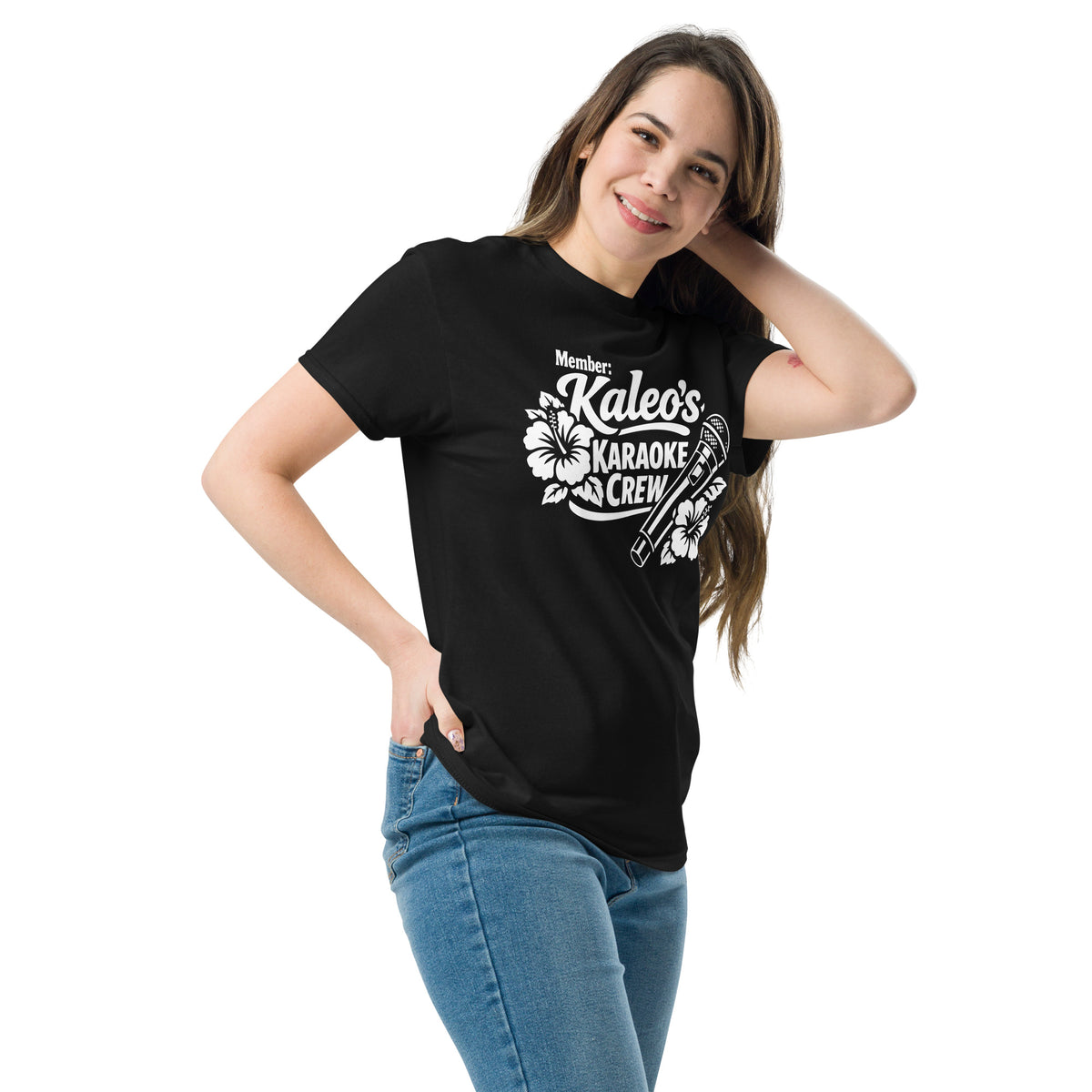 Black classic T-shirt, left-front angled view, featuring Kaleo's Karaoke Crew lettering, microphone, and hibiscus flowers.