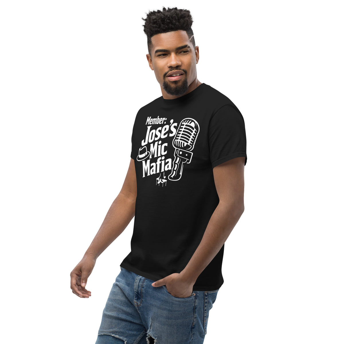 Black classic T-shirt, left-front angled view, featuring Jose's Mic Mafia microphone and fedora design.