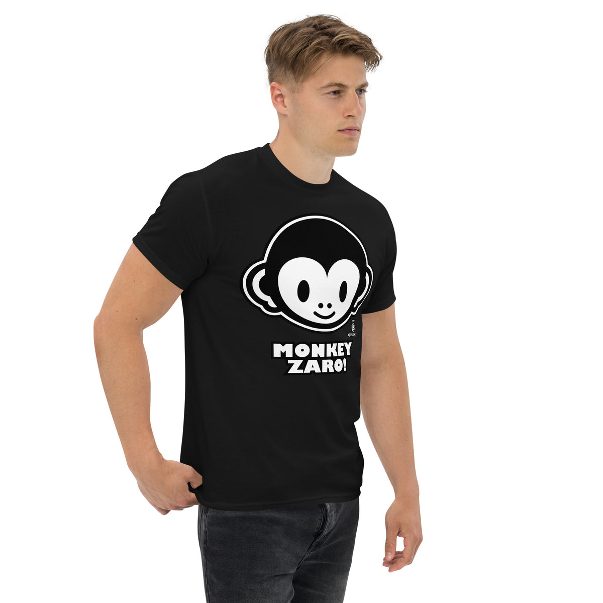 Black classic T-shirt, right-front angled view, featuring Monkey Zaro! white cartoon monkey face and lettering.