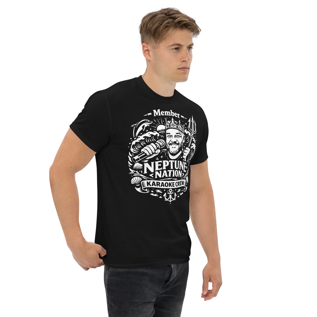 Black classic T-shirt, right-front angled view, featuring KJ Neptune's Neptune Nation nautical microphone and trident badge.