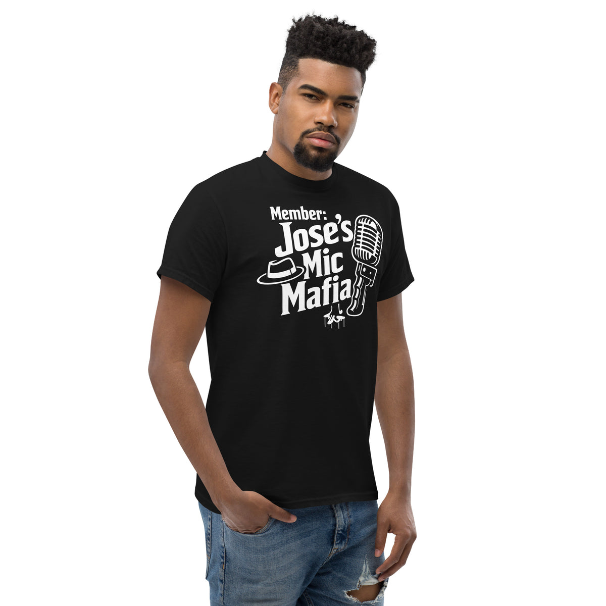 Black classic T-shirt, right-front angled view, featuring Jose's Mic Mafia microphone and fedora design.