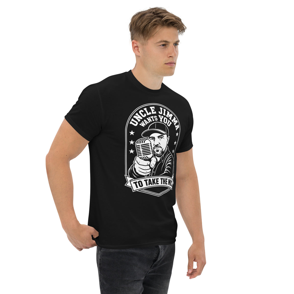 Black classic T-shirt, right-front angled view, featuring Uncle Jimma Wants You to Take the Mic pointing portrait and microphone.