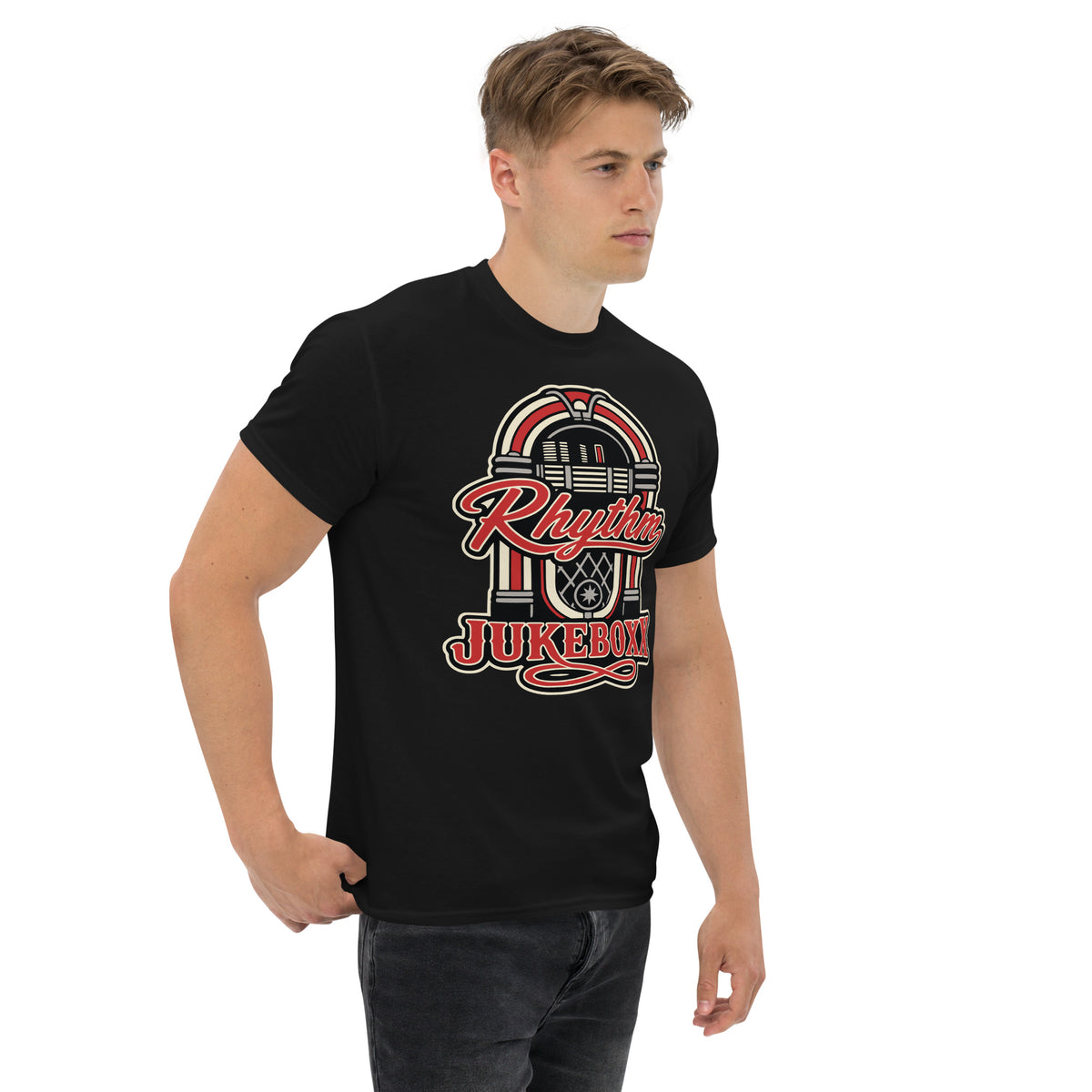 Black classic T-shirt, right-front angled view, featuring Rhythm Jukeboxx red-and-cream retro jukebox graphic.