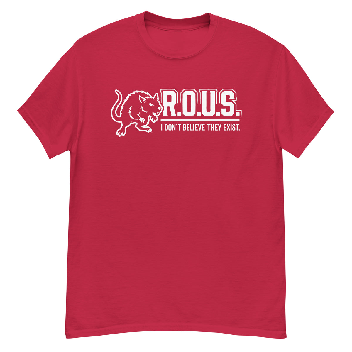 Cardinal classic T-shirt, front view, featuring the R.O.U.S. Denial Squad classic tee design