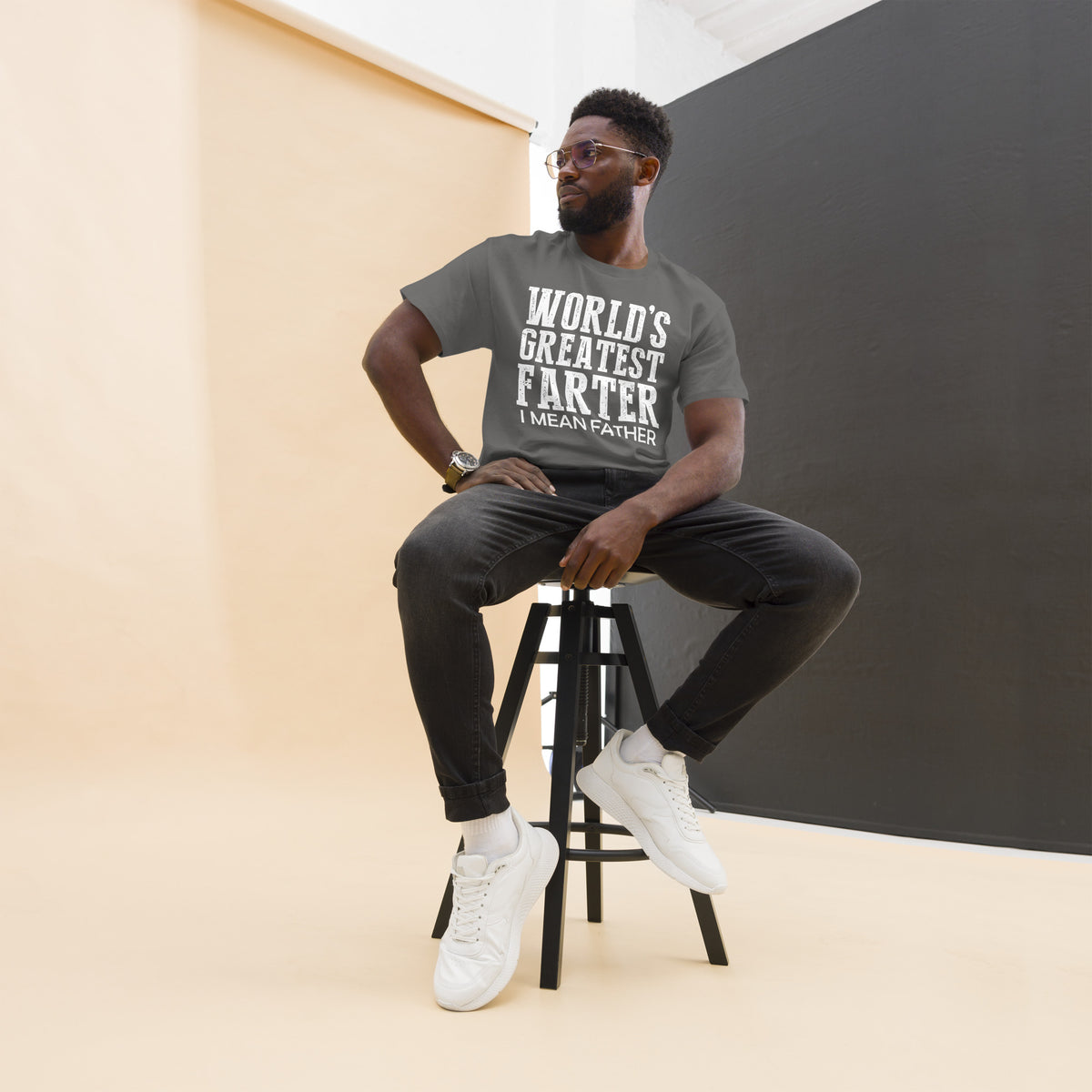 Charcoal classic T-shirt, front view, featuring white World's Greatest Farter, I Mean Father lettering.