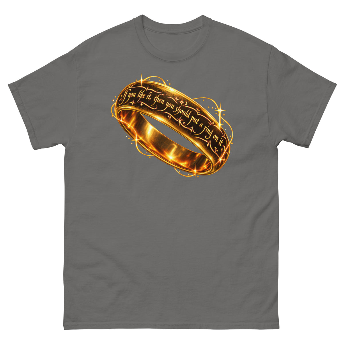 Charcoal classic T-shirt, front view, featuring Put a Ring on It gold fantasy ring and starburst graphic.