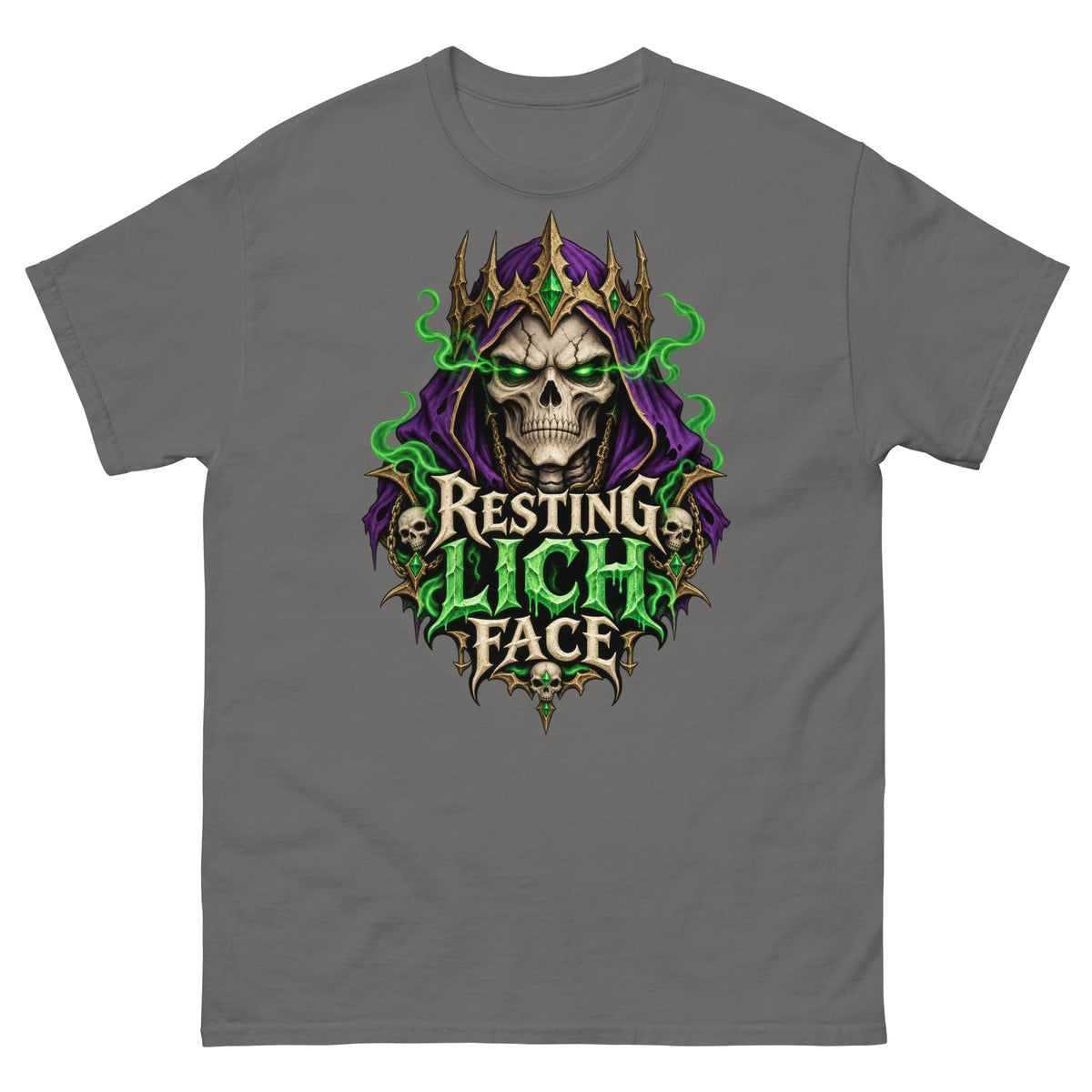 Charcoal classic T-shirt, front view, featuring the Resting Lich Face crowned skull lich design