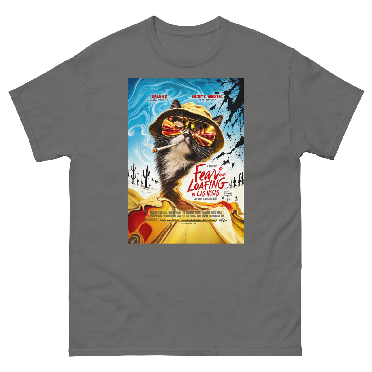 Charcoal classic T-shirt, front view, featuring the Fear and Loafing in Las Vegas Quark cat poster design