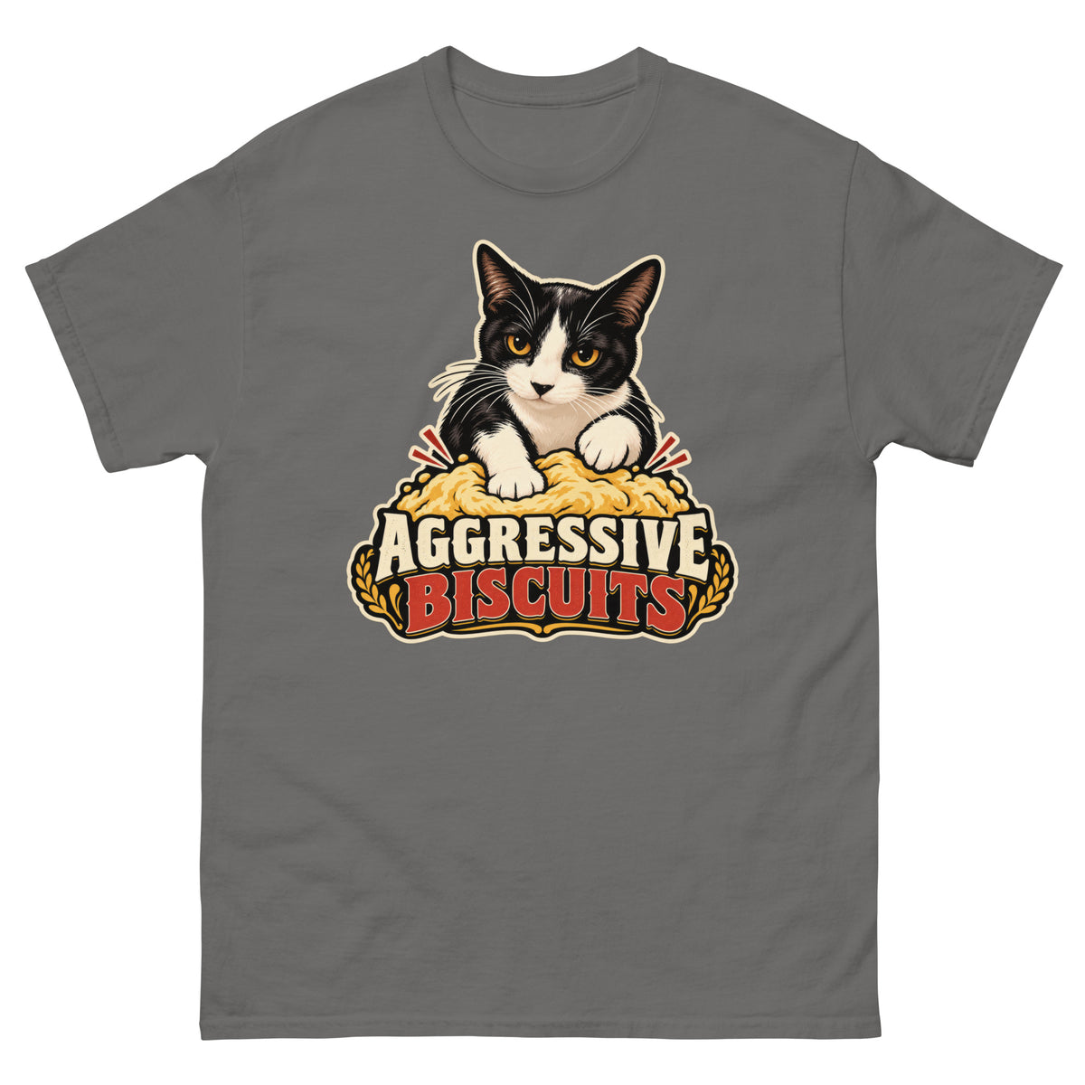 Charcoal classic T-shirt, front view, featuring the Aggressive Biscuits kneading tuxedo cat design