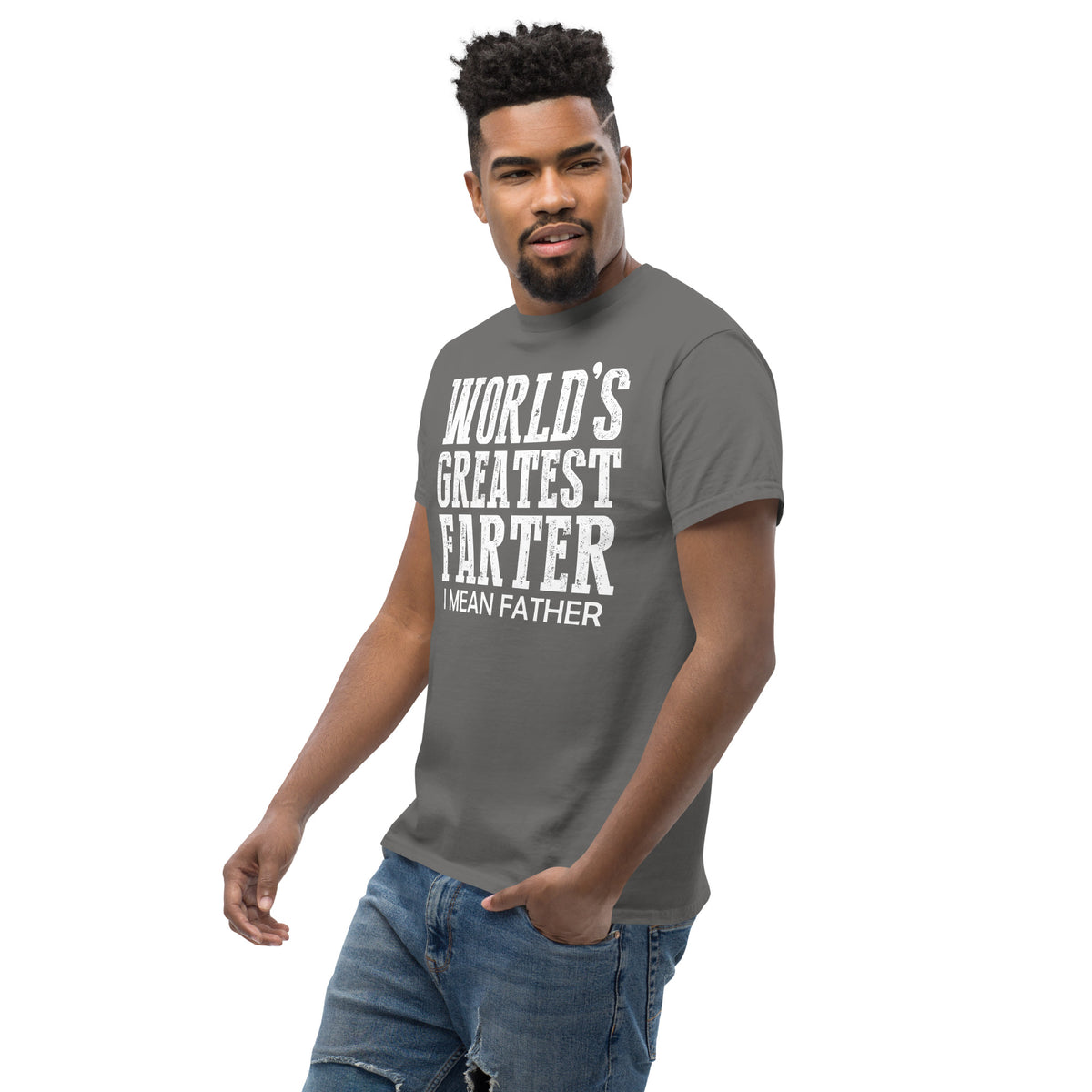 Charcoal classic T-shirt, left-front angled view, featuring white World's Greatest Farter, I Mean Father lettering.