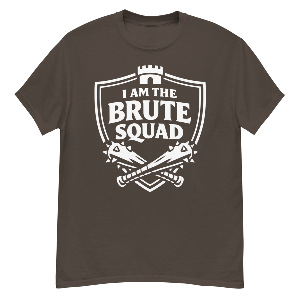 Dark Chocolate classic T-shirt, front view, featuring the Brute Squad Elite Badge classic tee design