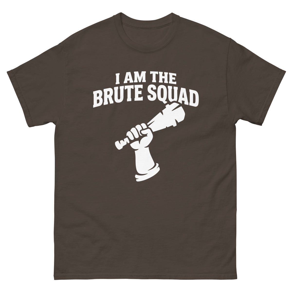 Dark Chocolate classic T-shirt, front view, featuring the Brute Squad Royal Enforcer classic tee design