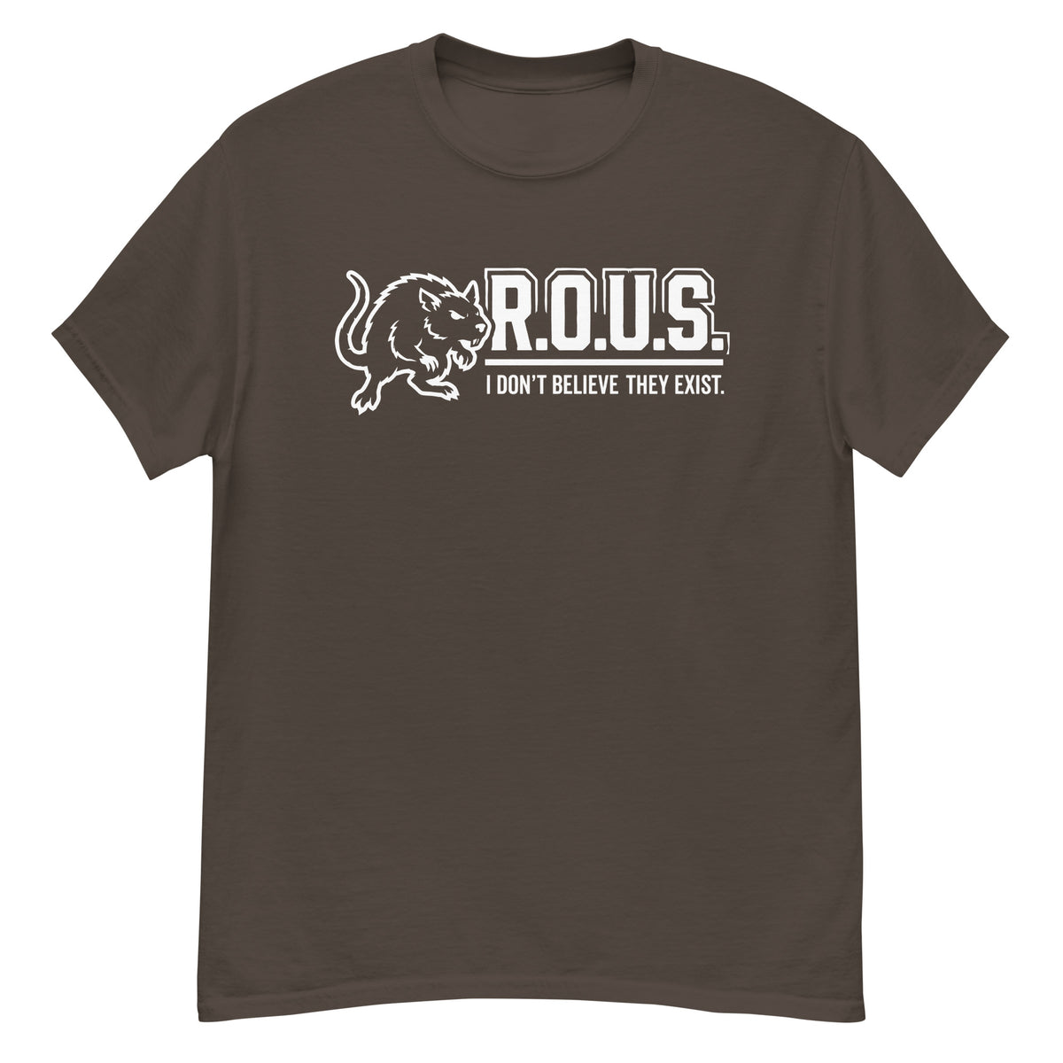 Dark Chocolate classic T-shirt, front view, featuring the R.O.U.S. Denial Squad classic tee design