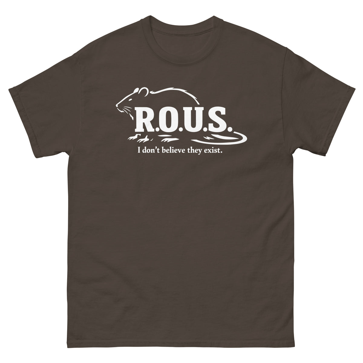 Dark Chocolate classic T-shirt, front view, featuring the R.O.U.S. Field Report Graphic T-Shirt design