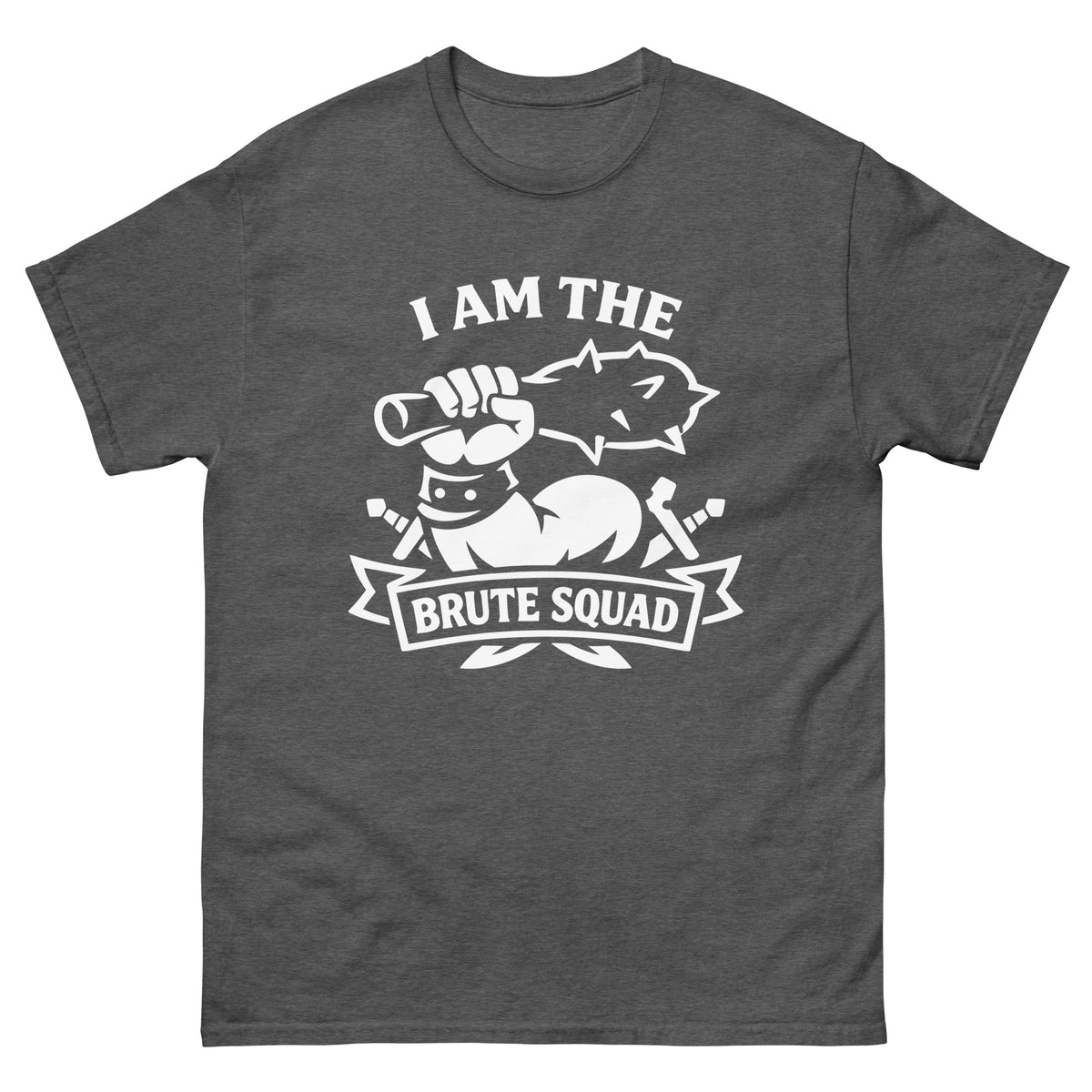 Dark Heather classic T-shirt, front view, featuring the Brute Squad Classic Emblem classic tee design